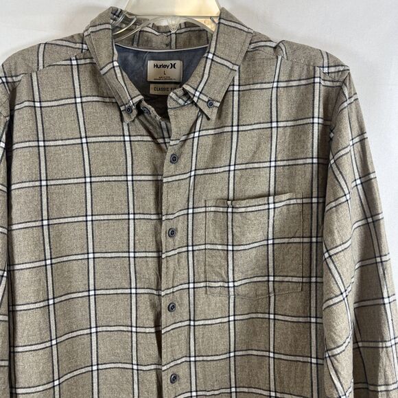 Hurley Men’s Casual Button Up Shirt Long Sleeve Plaid Classic Fit Neutral Size L - Picture 2 of 6